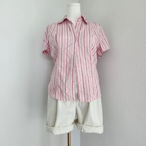 Vintage Y2K Pink White Striped Collared Button Down Short Sleeve Shirt M L